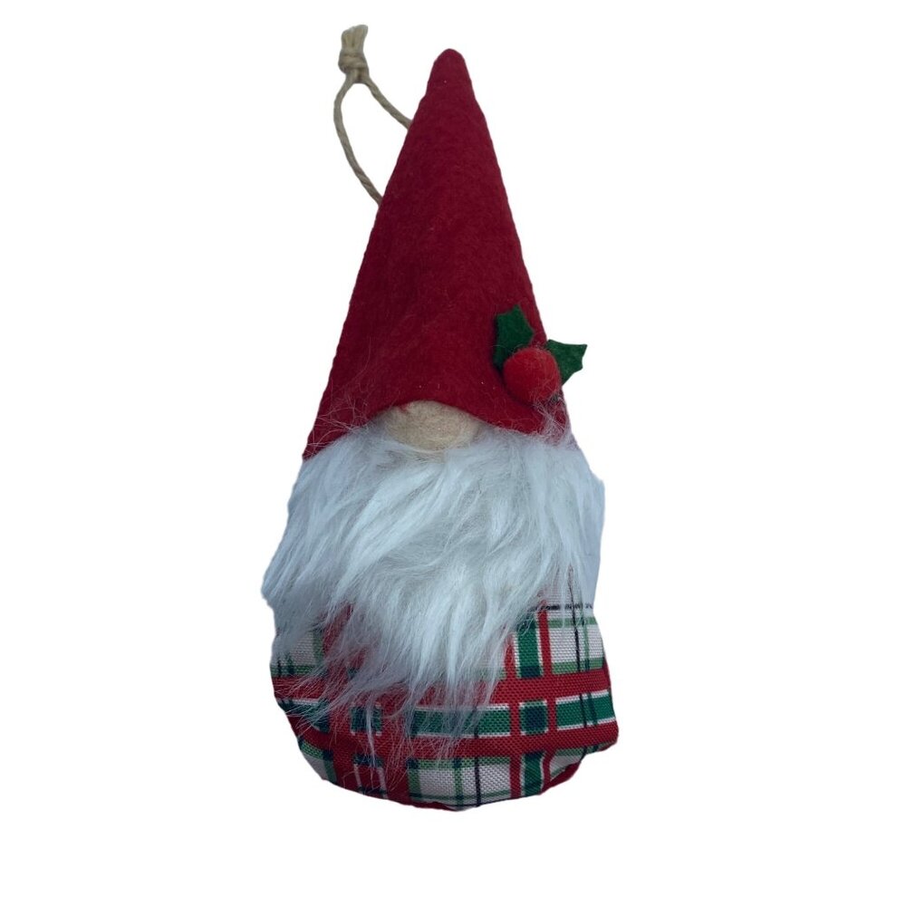 Christmas Gnome Ornament With Red Hat & Plaid‎ Body Felt 6.5" Hanging Loop